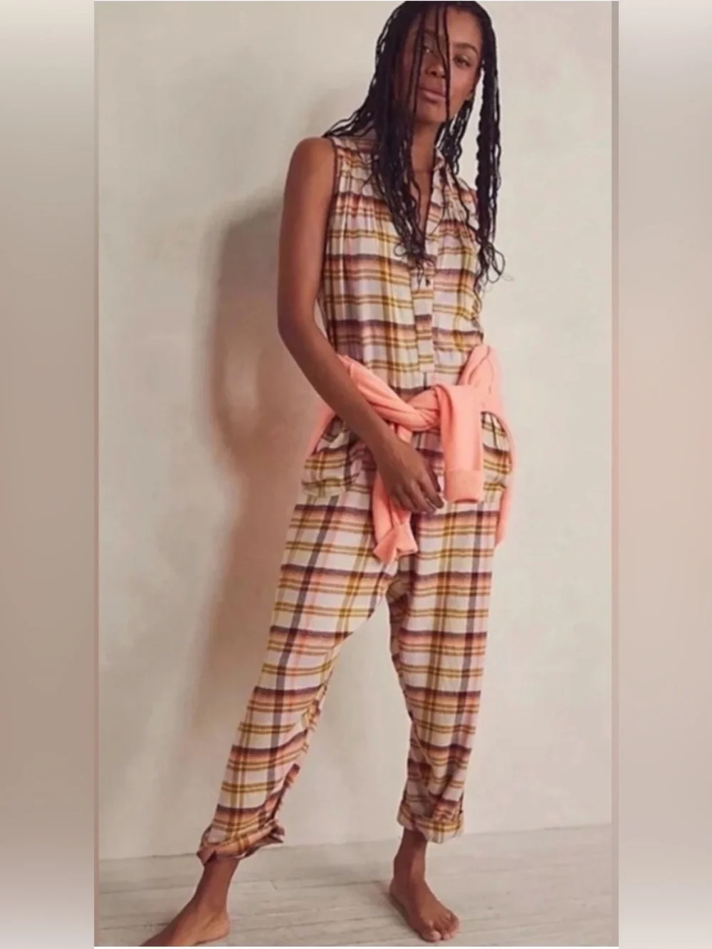 Free People Wrapped In Flannel Plaid Jumpsuit